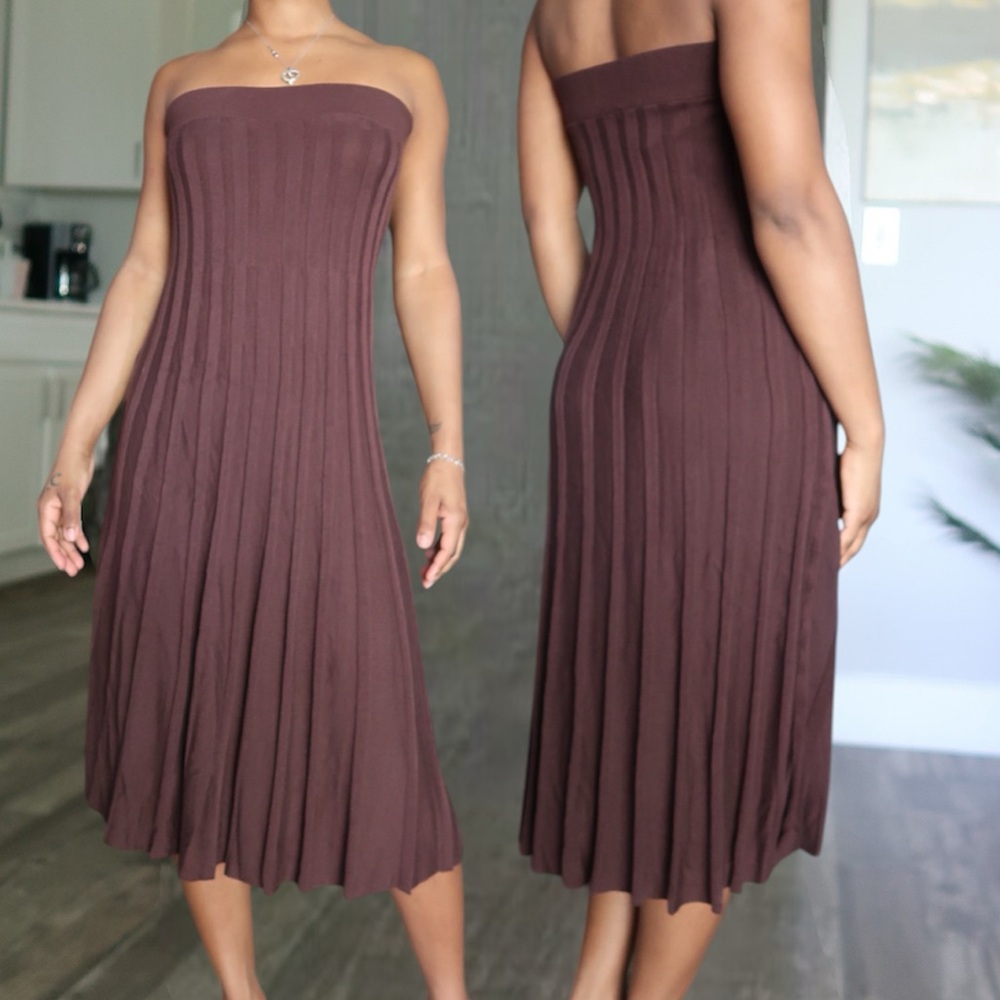 Lapis Strapless Knit Midi Dress in Chocolate Brown